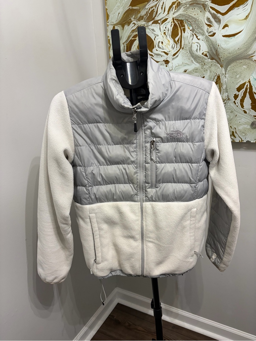 The North Face Denali 550 Down Hybrid Fleece Jacket Gray White Women's M Flaws